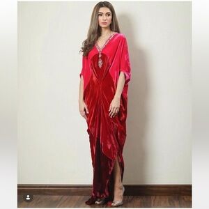 Zehra Saleem Velvet Color Block Kaftan with Embellished neckline